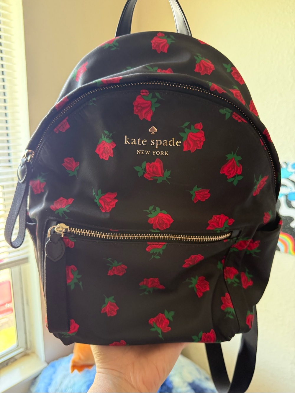 kate spade Black Backpack with Red Rose Motif